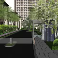 Modern Urban Garden Landscape With Trees Green Plants Paved Pathway And High Rise Buildings