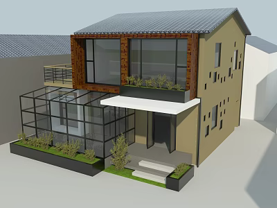 Modern Detached Villa With Large Glass Windows Wooden Exterior And Green Garden 3d model