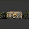 Traditional Yellow Building With Red Roof Surrounded By Green Trees And Lawn