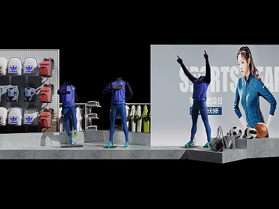 Modern Sports Equipment Display with Mannequins in Sportswear Soccer Balls and Basketballs 3d model