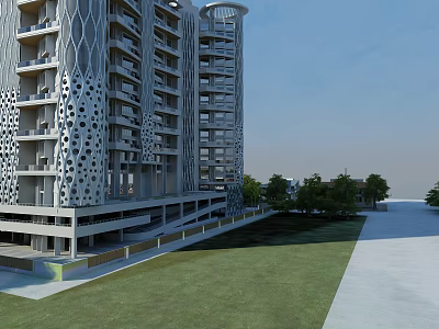 Modern High Rise Residential Building With Perforated Facade Green Lawn And Trees 3d model