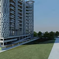 Modern High Rise Residential Building With Perforated Facade Green Lawn And Trees