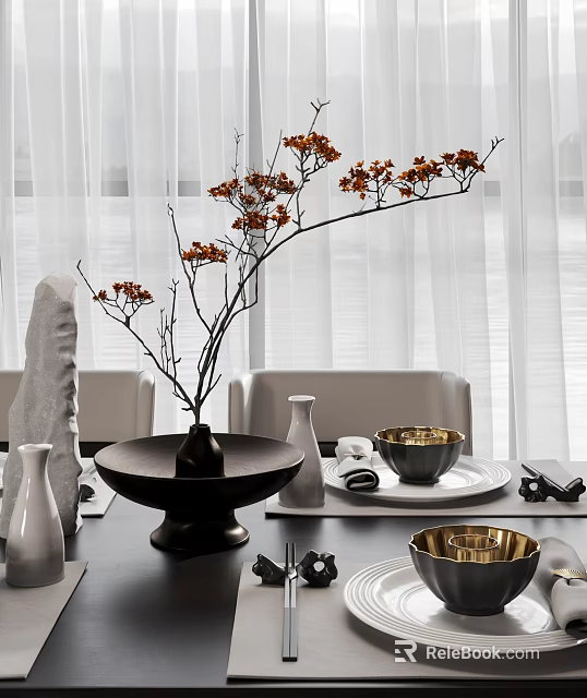 Modern Dining Table Setting With Dinnerware Set And Floral Decor 3d model