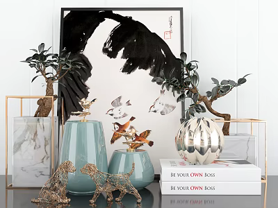 Decorative Ornament Set With Blue Vase Metal Dog Sculpture Green Plant Books And Decorative Painting 3d model