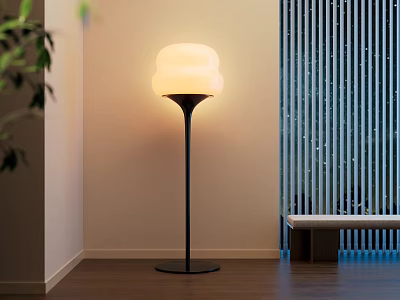 Modern Floor Lamp With White Cloud Shaped Lampshade Black Stand And Wooden Floor 3d model