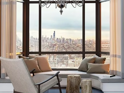 Modern Accent Chair With Plush Cushions By Large Window Overlooking City Skyline And Wooden Stools 3d model