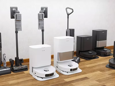 Modern Household Cleaning Appliances Featuring Robot Vacuums And Upright Models 3d model