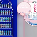 Retail Beverage Display Stand Featuring Maidong And Evian Bottles On Shelves