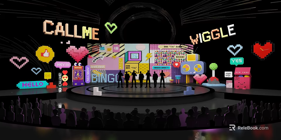 Vibrant Stage With Neon CALLME WIGGLE Signs Heart Decorations And Performing Silhouettes For Audience 3d model 