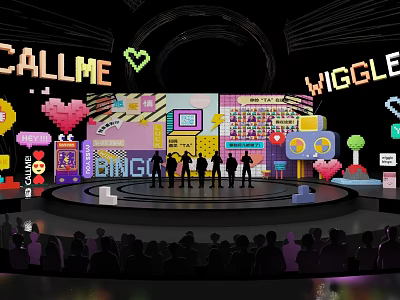 Vibrant Stage With Neon CALLME WIGGLE Signs Heart Decorations And Performing Silhouettes For Audience 3d model