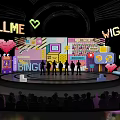 Vibrant Stage With Neon CALLME WIGGLE Signs Heart Decorations And Performing Silhouettes For Audience