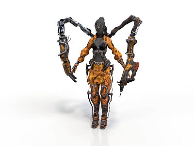 Futuristic Woman in Mechanical Armor with Multiple Cybernetic Arms and Weapons 3d model