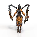 Futuristic Woman in Mechanical Armor with Multiple Cybernetic Arms and Weapons