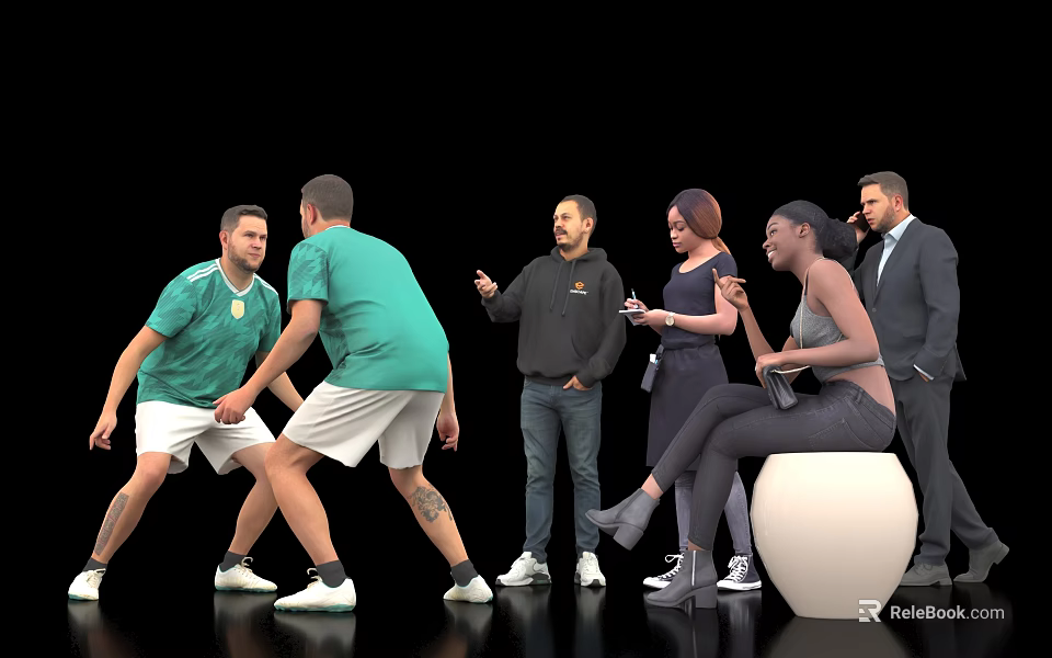 Group of People Interacting with Two in Green Shirts Playing Others Sitting and Using Phones 3d model 