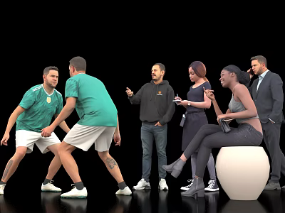 Group of People Interacting with Two in Green Shirts Playing Others Sitting and Using Phones 3d model