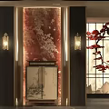Traditional Chinese Clubhouse Interior Design With Wooden Screens Red Floral Branch And Marble Floor