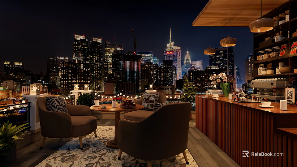 Scenic Rooftop Cafe With Night City Skyline Cozy Seating Bar And Hanging Lights 3d model 