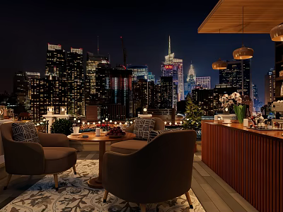 Scenic Rooftop Cafe With Night City Skyline Cozy Seating Bar And Hanging Lights 3d model