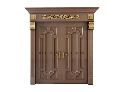 Brown Double Doors Featuring Golden Decorations Ornate Top Frame And Gold Side Pillars 3d model