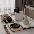 Modern Kitchen Countertop With Decorative Vase Books Coffee Machine And Tableware 3d model