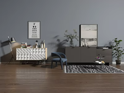Stylish Entryway Cabinet and Sideboard in Modern Interior With Decorative Plants and Artwork 3d model