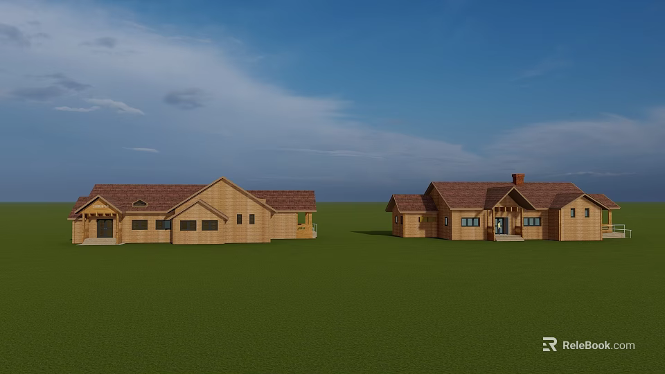 Wooden Houses Set On Green Grass With Blue Sky Brown Roofs And Wooden Siding 3d model 