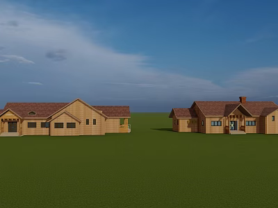 Wooden Houses Set On Green Grass With Blue Sky Brown Roofs And Wooden Siding 3d model