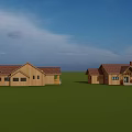 Wooden Houses Set On Green Grass With Blue Sky Brown Roofs And Wooden Siding