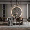 Modern Luxury Dining Table Set With Circular Decor Pendant Lights Dining Chairs And Gray Backdrop 3d model