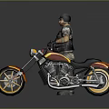 Custom Red And Black Cruiser Motorcycle With Yellow Rims And Rider In Armored Vest