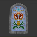 Architectural Arched Stone Framed Stained Glass With Decorative Fox Pattern Design