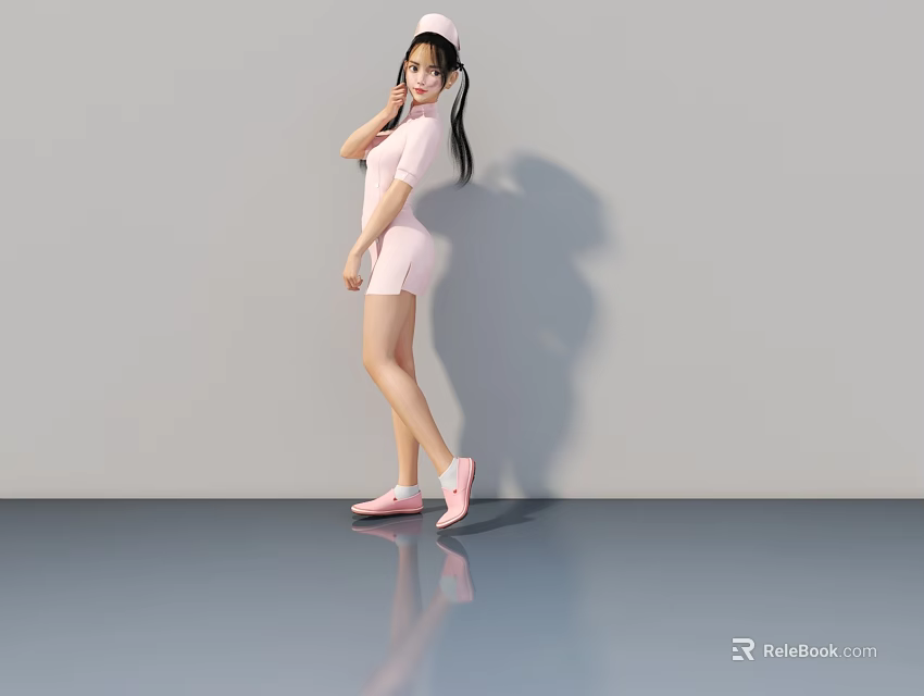 Woman in Pink Nurse Uniform Standing with Cap on Gray Background and Shiny Floor 3d model 