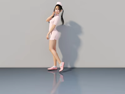 Woman in Pink Nurse Uniform Standing with Cap on Gray Background and Shiny Floor 3d model