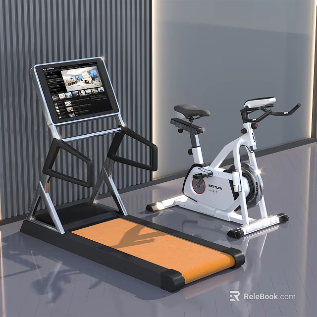 Modern Indoor Sports Equipment Treadmill With Display Screen And Stationary Bike Design 3d model 