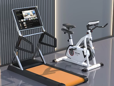 Modern Indoor Sports Equipment Treadmill With Display Screen And Stationary Bike Design 3d model