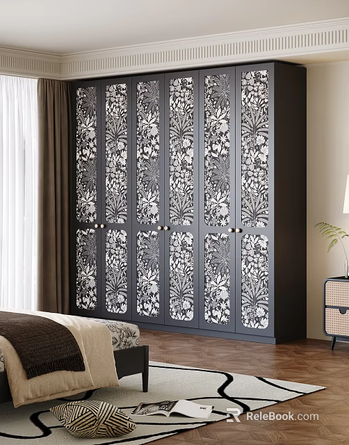 Elegant Black Wardrobe with Intricate Carved Floral Design Panels in Bedroom Setting 3d model 
