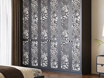 Elegant Black Wardrobe with Intricate Carved Floral Design Panels in Bedroom Setting 3d model
