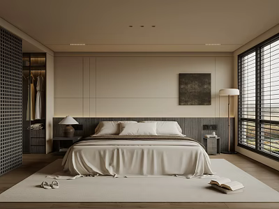 Modern Minimalist Bedroom Interior Design With Large Bed Bedside Tables Lamps Wardrobe And Decorative Rug 3d model