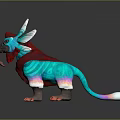 Colorful Horned Game and Movie Character With Large Ears Blue Green Fur and Red Chest
