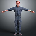 3D Character Model With Red Hair Blue Jumpsuit Arms Outstretched Gray Background