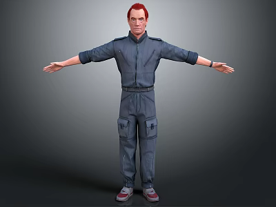 3D Character Model With Red Hair Blue Jumpsuit Arms Outstretched Gray Background 3d model