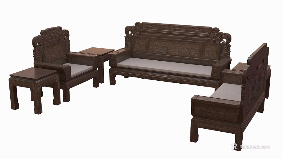 Wooden Chinese Style Carved Sofa Combination With Light Cushions Sectional Single Sofas And Coffee Table 3d model 