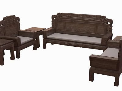 Wooden Chinese Style Carved Sofa Combination With Light Cushions Sectional Single Sofas And Coffee Table 3d model