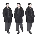 Women In Black Glossy Coats Gray Pants And Black Shoes With Different Poses
