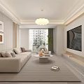 Modern Living And Dining Room Interior With Beige Sofa Round Coffee Table And TV Wall