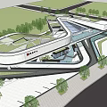 Modern Streamlined Sales Office Building With Glass Curtain Wall Landscaping And Water Feature