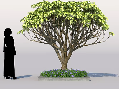 Lush Leafy Shrub On Base With Branched Trunk And Small Purple Flowers Near Silhouette 3d model