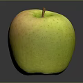 Fresh Yellow Green Apple With Speckled Surface Brown Stem On Shiny Surface With Gray Background