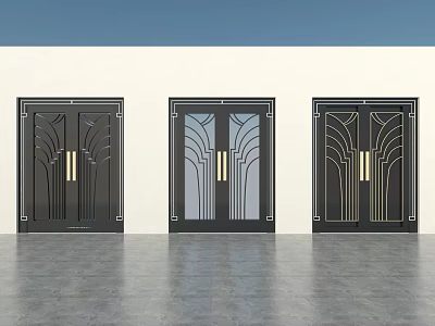 Modern Double Doors Design With Black Frames Glass Panels And Gold Handles 3d model