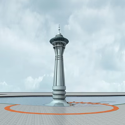 Modern Silver Tower With Spire Top And Orange Circular Design Near Water Under Cloudy Sky 3d model